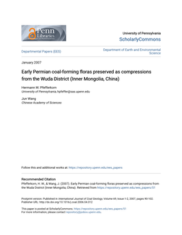 Early Permian Coal-Forming Floras Preserved As Compressions from the Wuda District (Inner Mongolia, China)