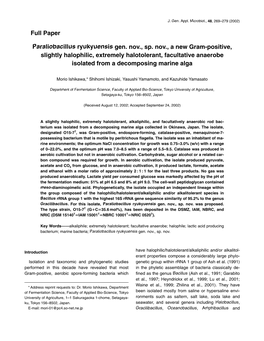 Paraliobacillus Ryukyuensis Gen. Nov., Sp. Nov., a New Gram-Positive