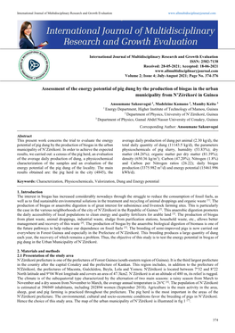 Assessment of the Energy Potential of Pig Dung by the Production of Biogas in the Urban Municipality from N'zérékoré In