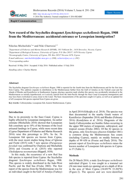 New Record of the Seychelles Dragonet Synchiropus Sechellensis Regan, 1908 from the Mediterranean: Accidental Entrance Or Lessepsian Immigration?