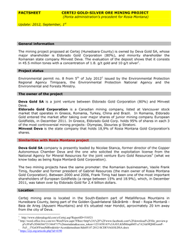 FACTSHEET CERTEJ GOLD-SILVER ORE MINING PROJECT (Ponta Administration’S Precedent for Rosia Montana)