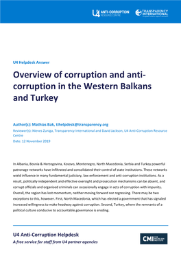 Corruption in the Western Balkans and Turkey