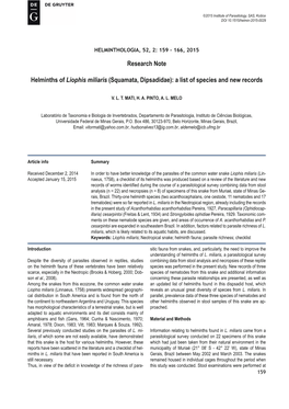 Research Note Helminths of Liophis Miliaris (Squamata, Dipsadidae)