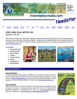 LIVE and PLAY with US! Newsletter: April 2011