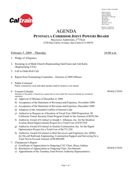 AGENDA PENINSULA CORRIDOR JOINT POWERS BOARD Bacciocco Auditorium, 2Nd Floor 1250 San Carlos Avenue, San Carlos CA 94070