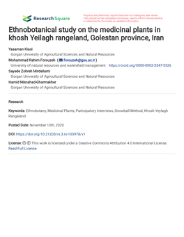 Ethnobotanical Study on the Medicinal Plants in Khosh Yeilagh Rangeland, Golestan Province, Iran