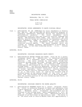 HALL REED GARNER UNCONTESTED AGENDA Wednesday, May 19, 1993 TEXAS WATER COMMISSION 9:00 A.M