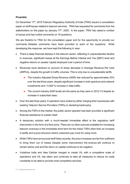 1 Preamble on December 17Th, 2019 Telecom Regulatory Authority of India (TRAI) Issued a Consultation Paper on Tariff Issues