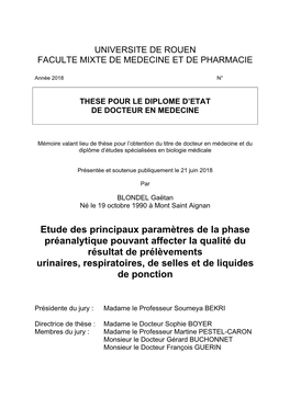 Etude Des Principaux Paramètres De La Phase Préanalytique Pouvant Affecter La Qualité Du Résultat De Prélèvements Urinaire