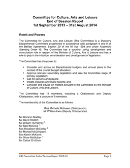 Committee for Culture, Arts and Leisure End of Session Report 1St September 2013 – 31St August 2014