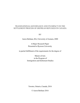 Transnational Governance and Its Impact on the Settlement Process of Eritrean Refugees in Canada