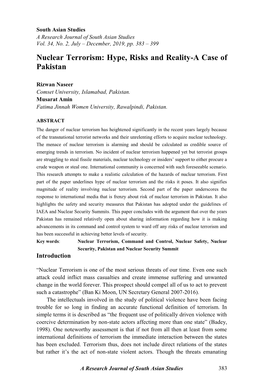 Nuclear Terrorism: Hype, Risks and Reality-A Case of Pakistan