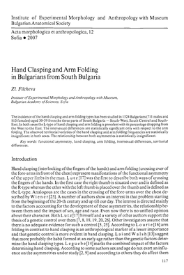 Hand Clasping and Arm Folding in Bulgarians from South Bulgaria