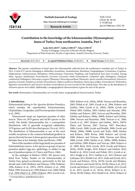 Hymenoptera) Fauna of Turkey from Northeastern Anatolia, Part I