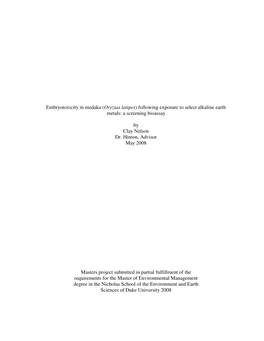 (Oryzias Latipes) Following Exposure to Select Alkaline Earth Metals