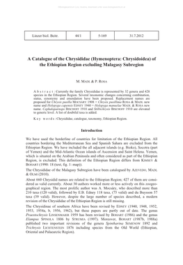 Hymenoptera: Chrysidoidea) of the Ethiopian Region Excluding Malagasy Subregion