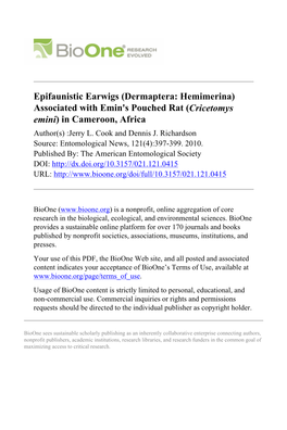 Epifaunistic Earwigs (Dermaptera: Hemimerina) Associated with Emin's Pouched Rat (Cricetomys Emini) in Cameroon, Africa Author(S) :Jerry L