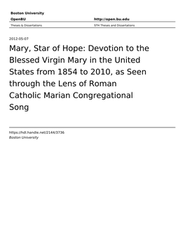 Mary, Star of Hope: Devotion to the Blessed Virgin Mary in the United States from 1854 to 2010, As Seen Through the Lens of Roman Catholic Marian Congregational Song