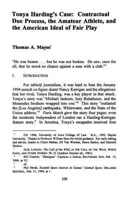 Tonya Harding's Case: Contractual Due Process, the Amateur Athlete, and the American Ideal of Fair Play
