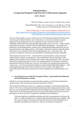 Industrial Policy: a Long-Term Perspective and Overview of Theoretical Arguments Erik S