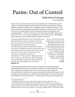 Purim: out of Control Rabbi Motti Neuburger Wexner Kollel Elyon