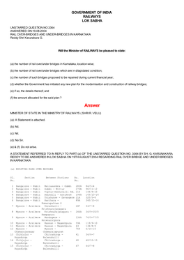 ANSWERED ON:19.08.2004 RAIL OVER-BRIDGES and UNDER-BRIDGES in KARNATAKA Reddy Shri Karunakara G