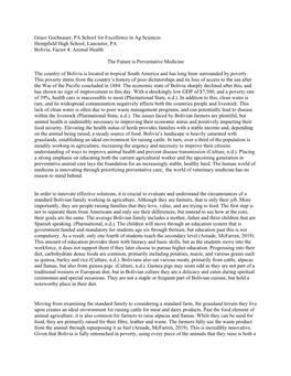 Grace Gochnauer, PA School for Excellence in Ag Sciences Hempfield High School, Lancaster, PA Bolivia, Factor 4: Animal Health