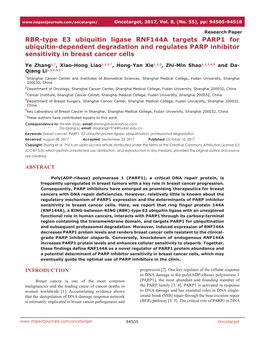 RBR-Type E3 Ubiquitin Ligase RNF144A Targets PARP1 for Ubiquitin-Dependent Degradation and Regulates PARP Inhibitor Sensitivity in Breast Cancer Cells