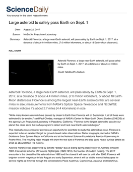 Large Asteroid to Safely Pass Earth on Sept. 1