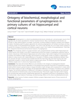 Ontogeny of Biochemical, Morphological and Functional Parameters of Synaptogenesis in Primary Cultures of Rat Hippocampal and Co