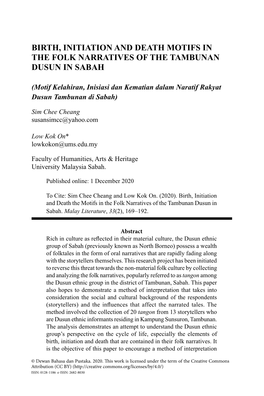 Birth, Initiation and Death Motifs in the Folk Narratives of the Tambunan Dusun in Sabah