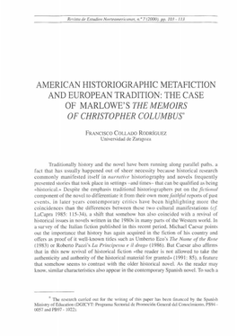 American Historiographic Metafiction and European Tradition: the Case of Marlowe's the Memoirs of Christopher Columbus*