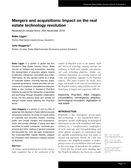 Mergers and Acquisitions: Impact on the Real Estate Technology Revolution Received (In Revised Form): 25Th November, 2019