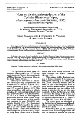 Notes on the Diet and Reproduction of the Cyclades Blunt-Nosed Viper, Macrovìpera Schweizeri (WERNER, 1935) (Squamata: Serpentes: Viperidae)