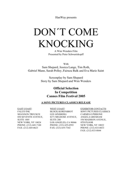 DON´T COME KNOCKING a Wim Wenders Film Presented by Peter Schwartzkopff