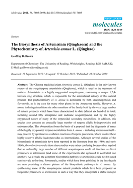 Qinghaosu) and the Phytochemistry of Artemisia Annua L. (Qinghao