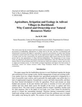 Agriculture, Irrigation and Ecology in Adivasi Villages in Jharkhand: Why Control and Ownership Over Natural Resources Matter