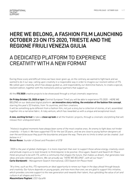 Here We Belong, a Fashion Film Launching October 23 on Its 2020, Trieste and the Regione Friuli Venezia Giulia