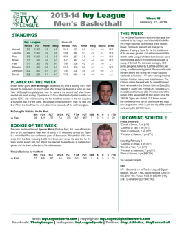 2013-14 Ivy League Men's Basketball INDIVIDUAL BASKETBALL STATISTICS Through Games of Jan 26, 2014 (All Games)