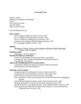 1 Curriculum Vitae Hugh R. Tribbey Department of English And