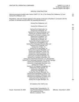 CENTURYTEL OPERATING COMPANIES TARIFF F.C.C. NO. 5 1St Revised Title Page 1 Cancels Original Title Page 1