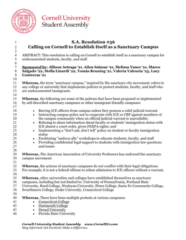 Sanctuary Campus 3 4 ABSTRACT: This Resolution Is Calling on Cornell to Establish Itself As a Sanctuary Campus for 5 Undocumented Students, Faculty, and Staff