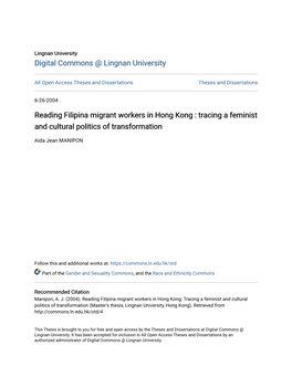 Reading Filipina Migrant Workers in Hong Kong : Tracing a Feminist and Cultural Politics of Transformation