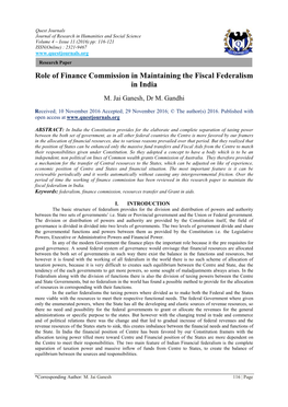 Role of Finance Commission in Maintaining the Fiscal Federalism in India