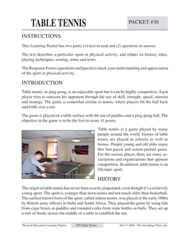 Table Tennis Packet #30 Instructions