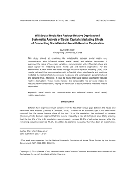 Will Social Media Use Reduce Relative Deprivation? Systematic Analysis of Social Capital’S Mediating Effects of Connecting Social Media Use with Relative Deprivation