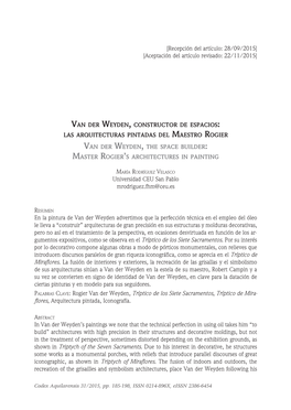 Van Der Weyden, Constructor De Espacios: Las Arquitecturas Pintadas Del Maestro Rogier Van Der Weyden, the Space Builder: Master Rogier’S Architectures in Painting