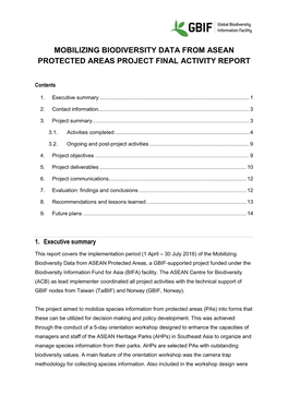 Mobilizing Biodiversity Data from Asean Protected Areas Project Final Activity Report