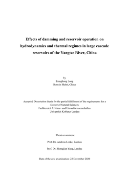 Effects of Damming and Reservoir Operation on Hydrodynamics and Thermal Regimes in Large Cascade Reservoirs of the Yangtze River, China