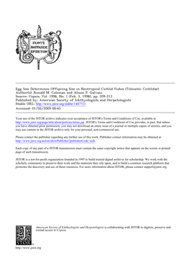 Egg Size Determines Offspring Size in Neotropical Cichlid Fishes (Teleostei: Cichlidae) Author(S): Ronald M